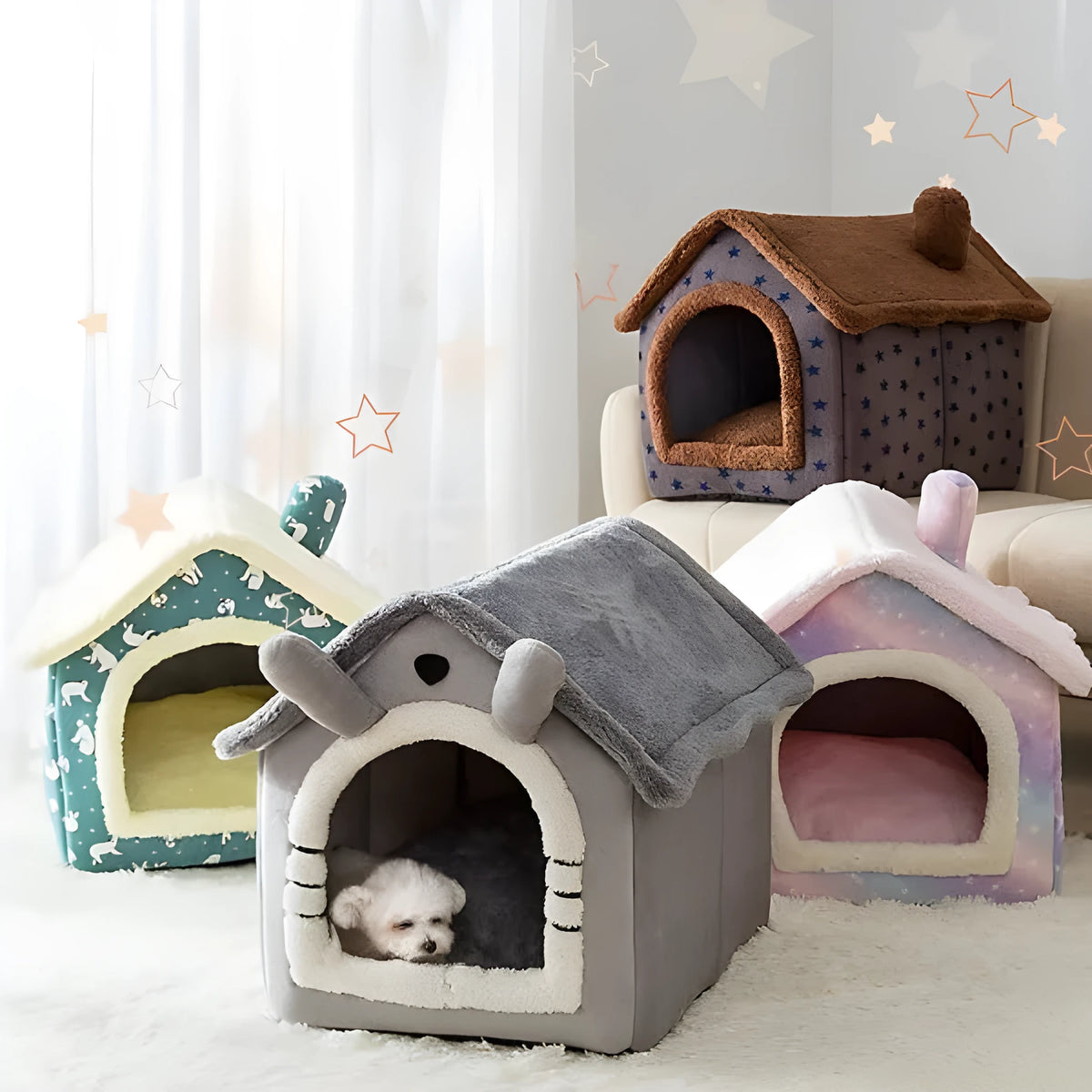 Coral fleece and sponge cat and dog bed house in grey, brown or pink, sizes S M L for small pets
