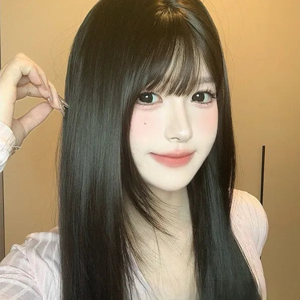 Dark brown synthetic long straight wig with fringe for women with round face shapes