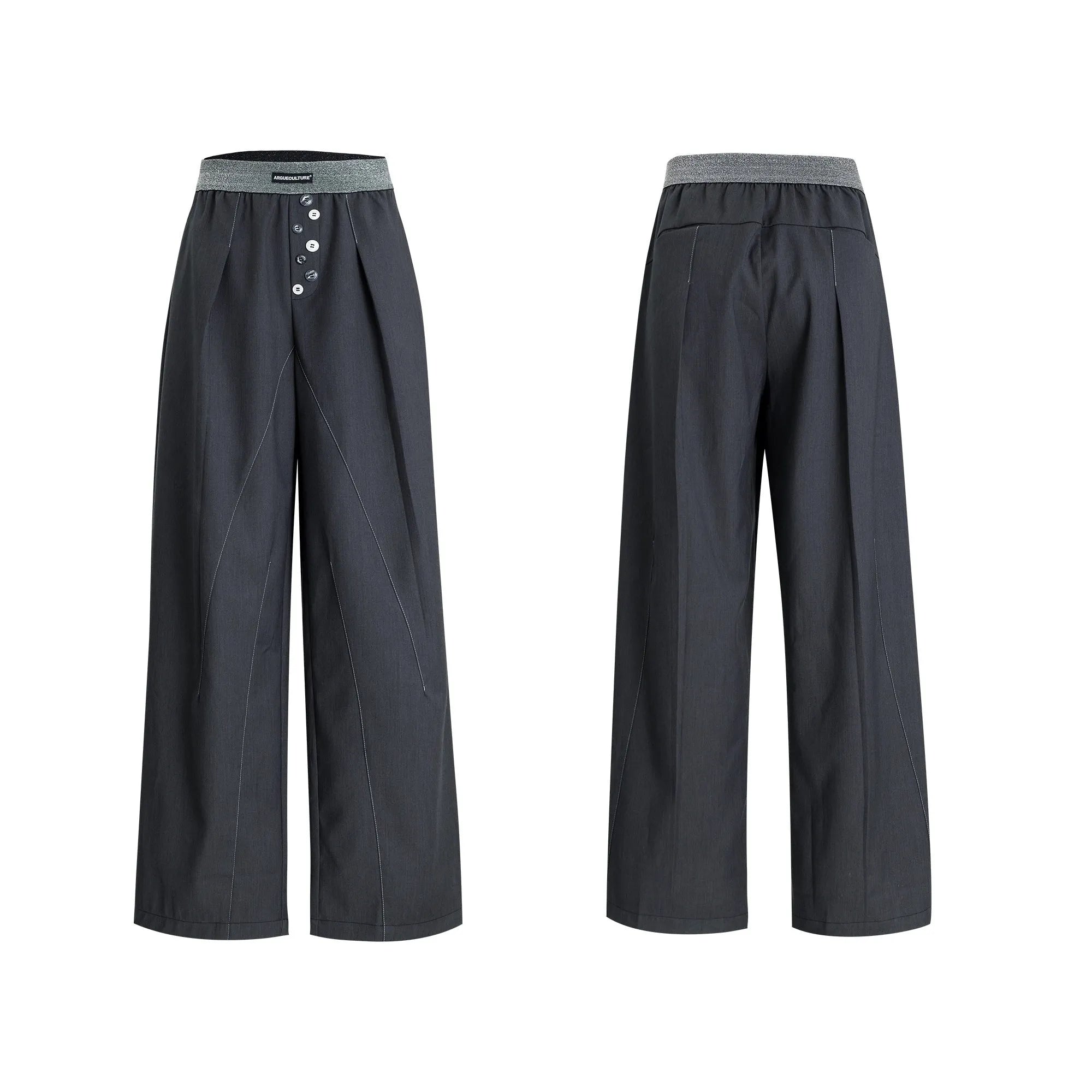 Drooping straight suit pants in black or grey with a high waist and button-open line detail.