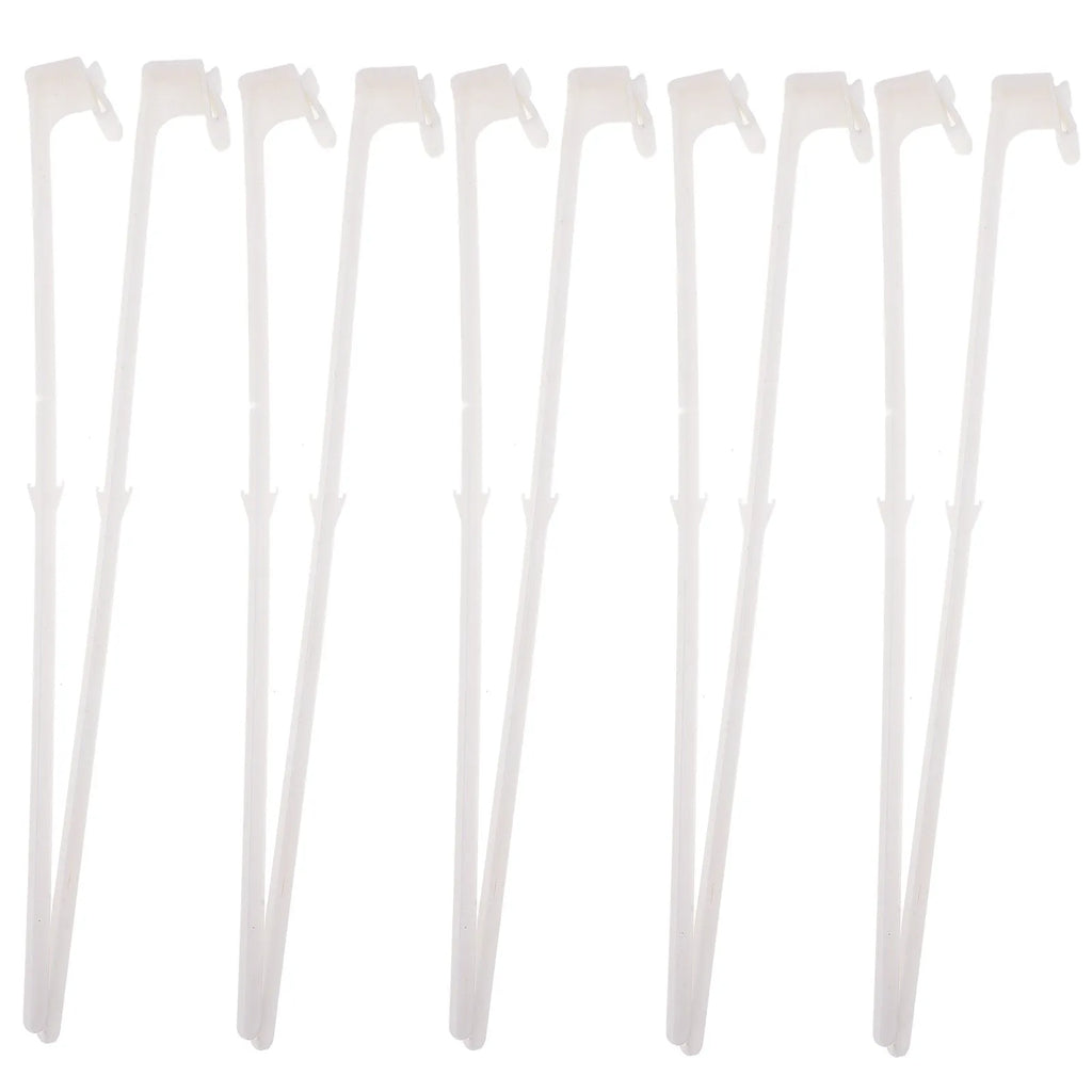 Ten white plastic car window flag pole holders with clip mounts on a clear background.