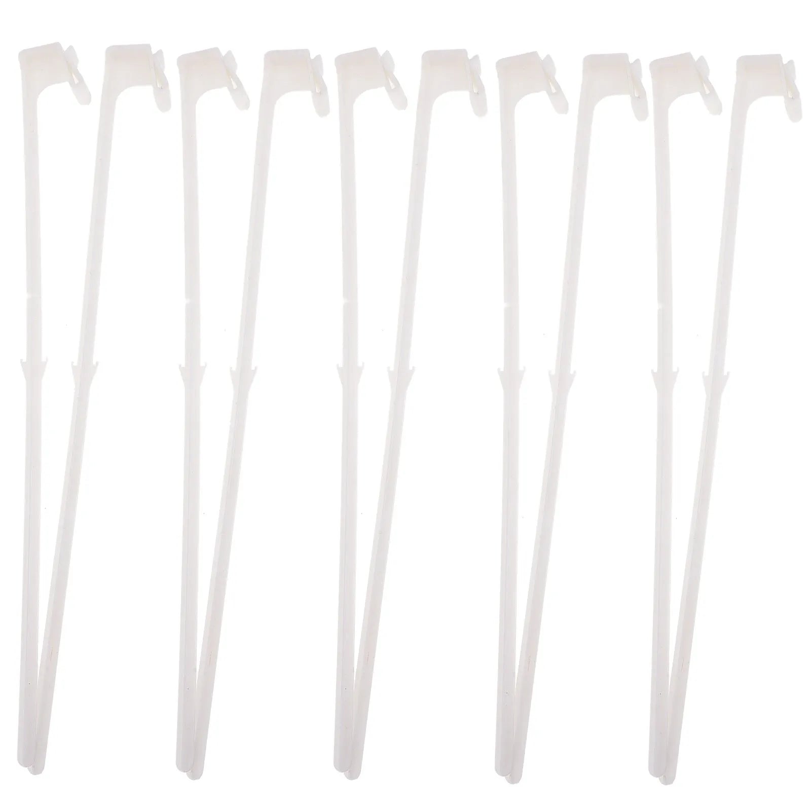 Ten white plastic car window flag pole holders with clip mounts on a clear background.