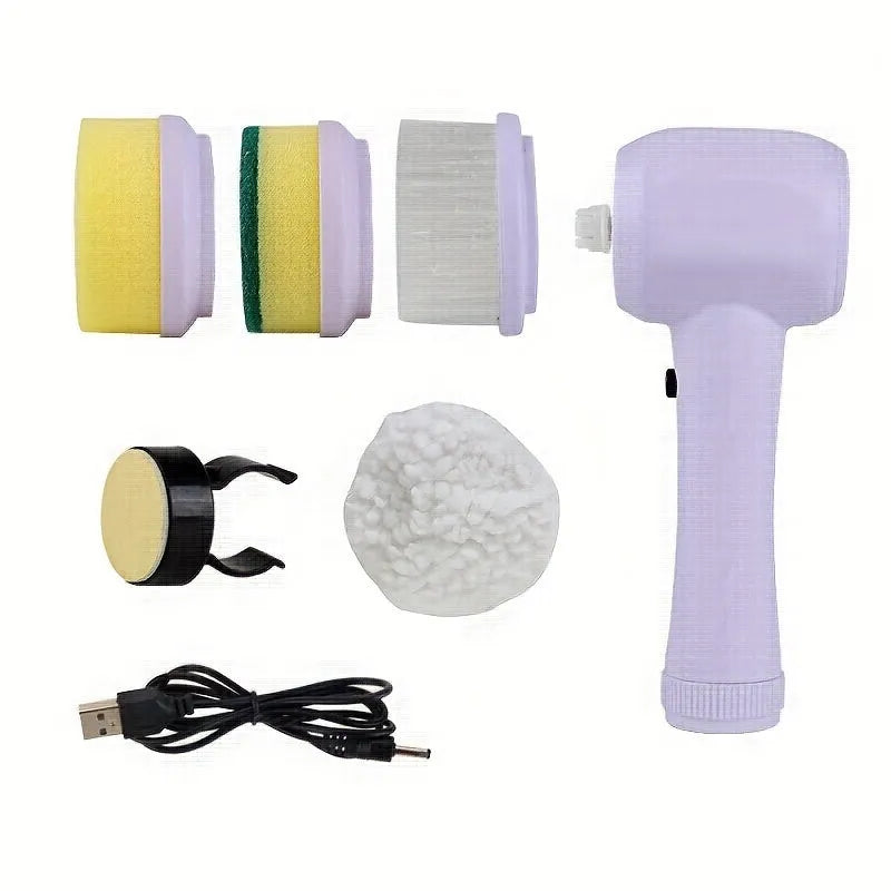 5-in-1 electric rotary brush cleaner with interchangeable heads for bathroom sink kitchen and window cleaning in white