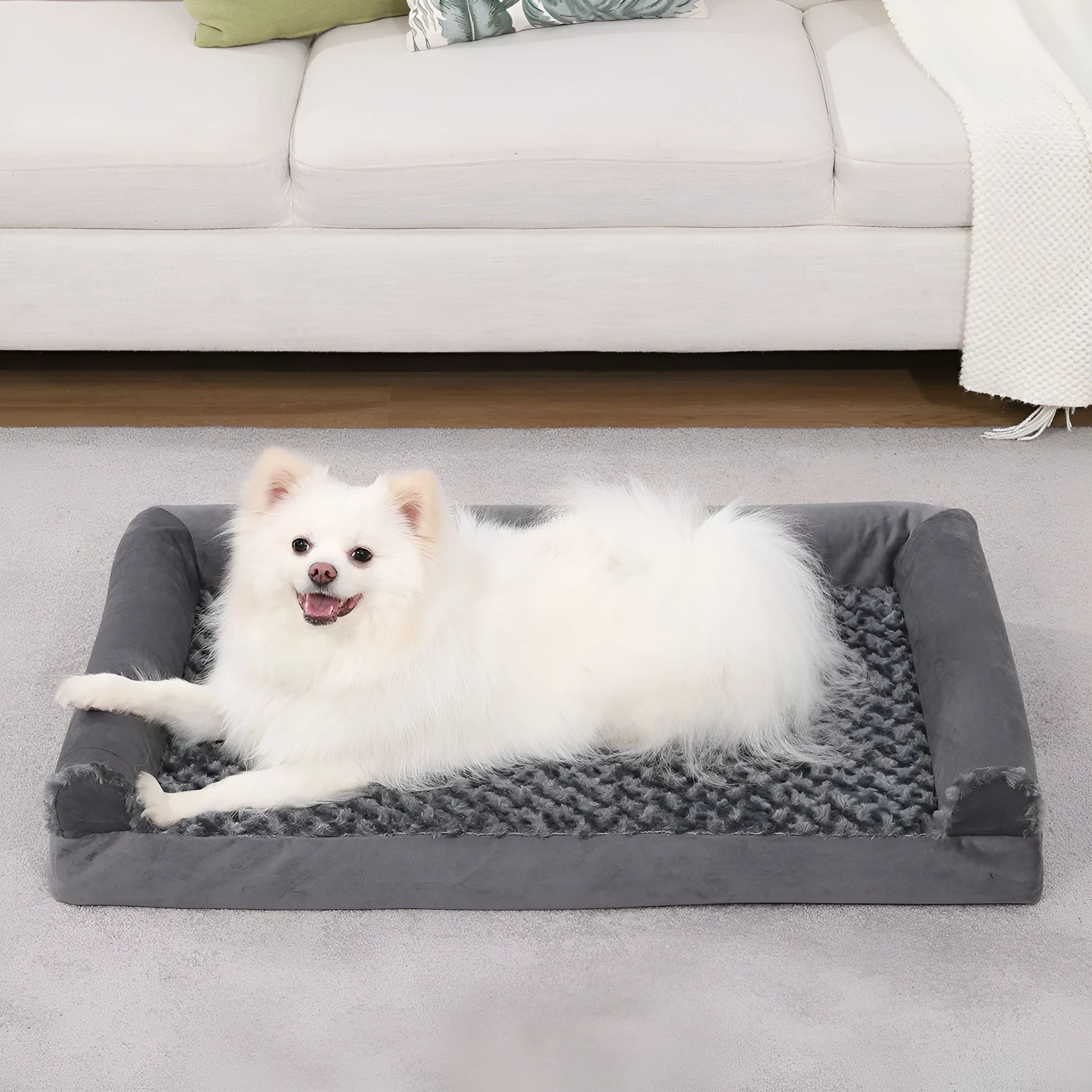 Grey U-shaped removable pet sofa kennel with embossed velvet fabric, shown in multiple sizes.