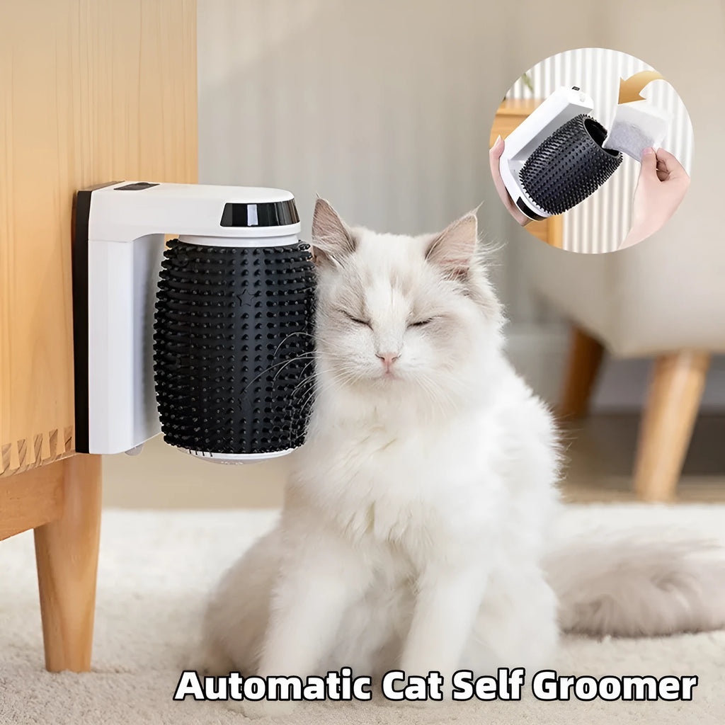 White automatic cat self groomer wall corner brush with silicone bristles and USB cable