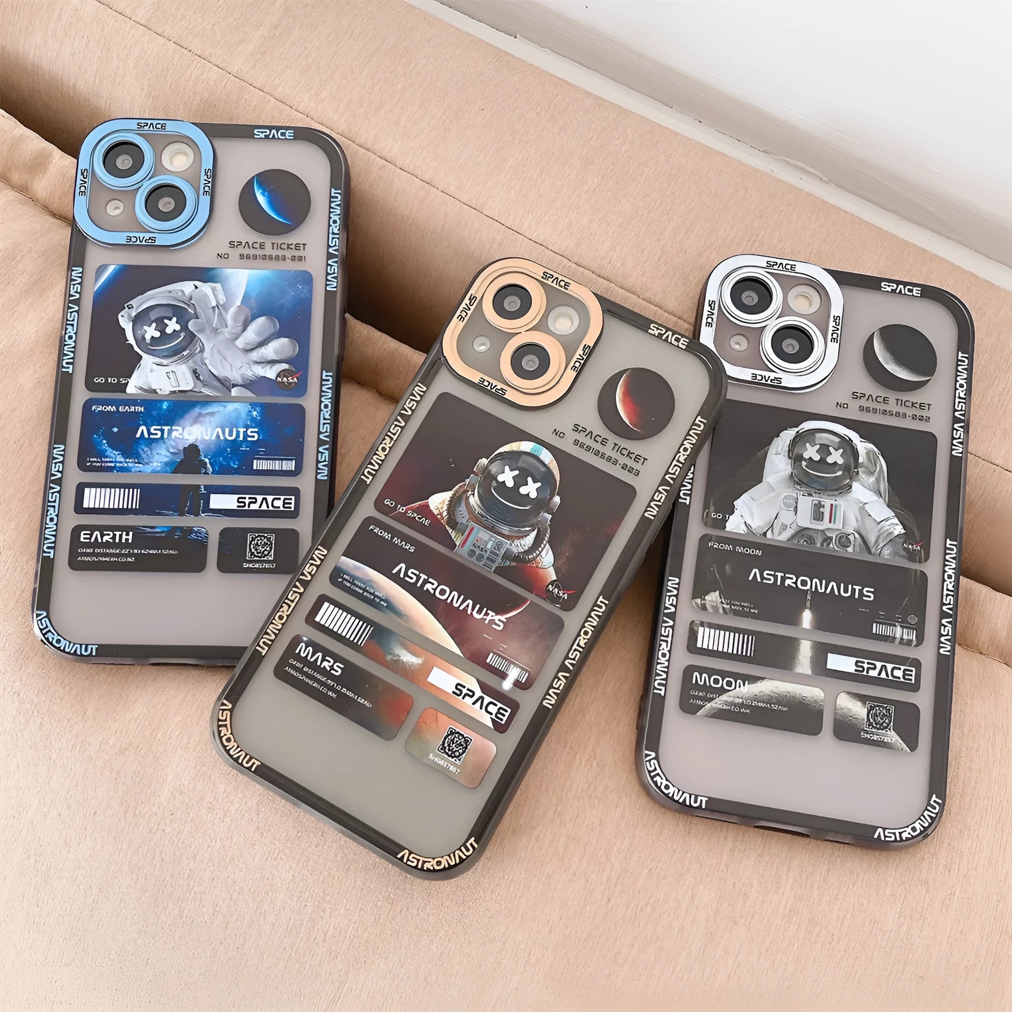 Blue and black graffiti space astronaut design on a silicone iPhone case for iPhone 13.