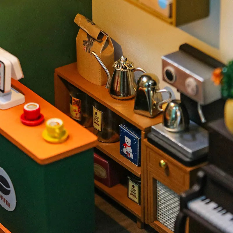 Wooden coffee shop doll house model kit with flash function and wooden construction