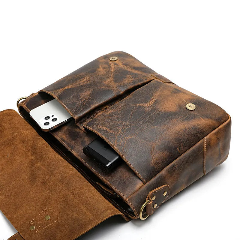 Leather 15 inch mens briefcase satchel in light brown with soft handle and messenger strap