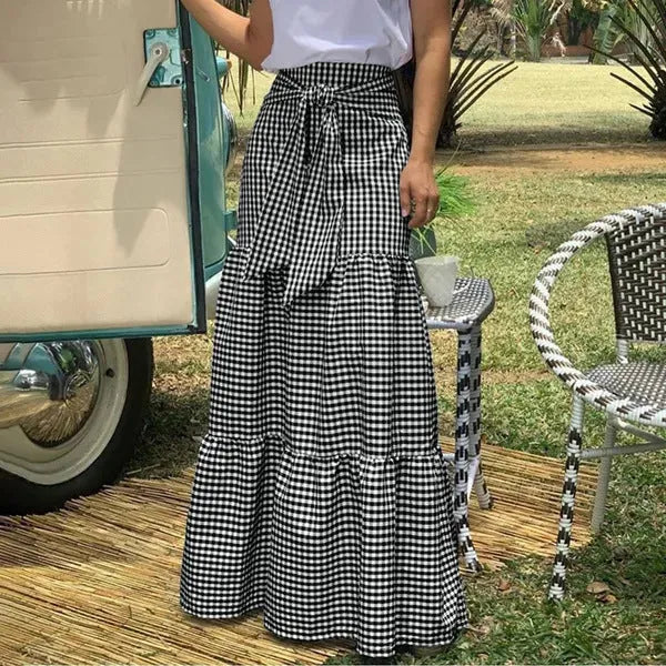 Ruffled hem strappy pleated loose skirt in polyester patchwork street hipster style Black