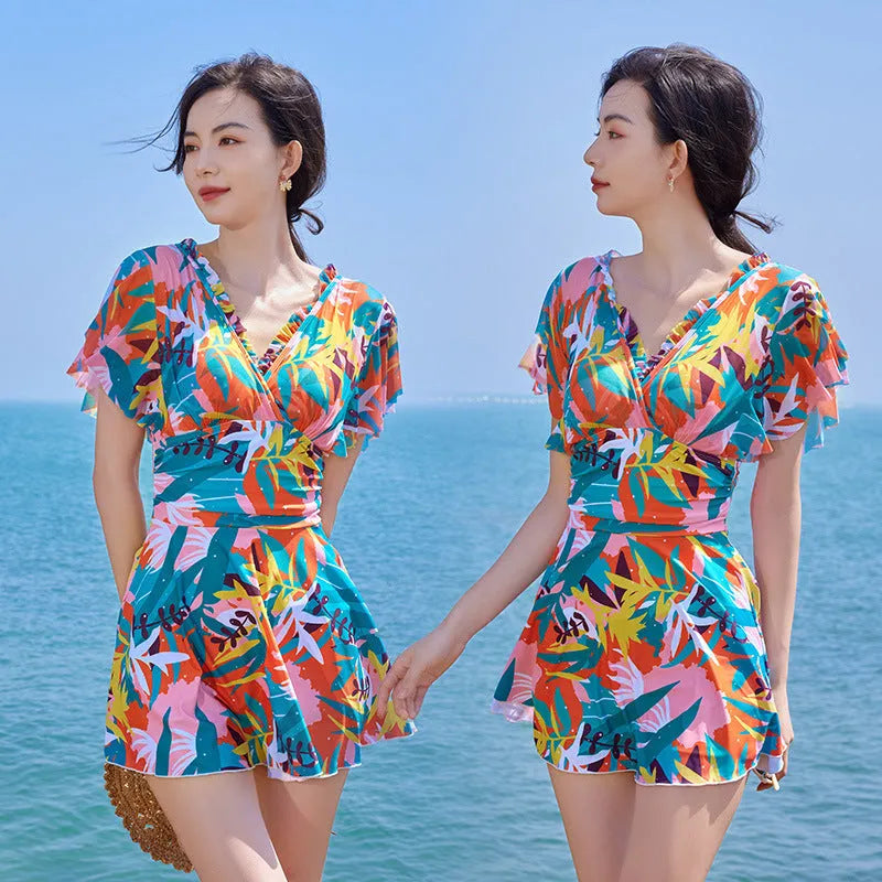 Women's floral print one-piece swimsuit with belly control panel