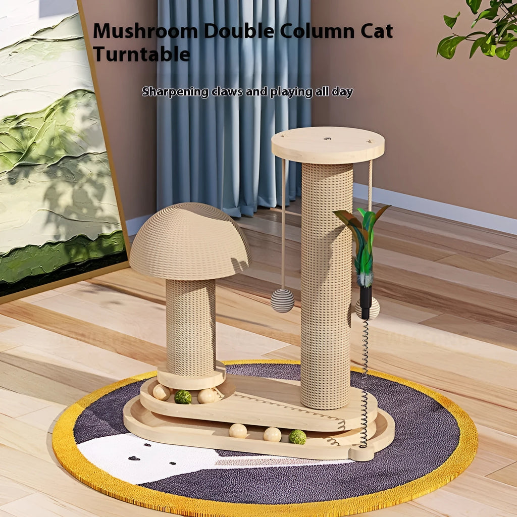 Solid wood cat turntable scratching post with elliptical spinning platform and climbing frame