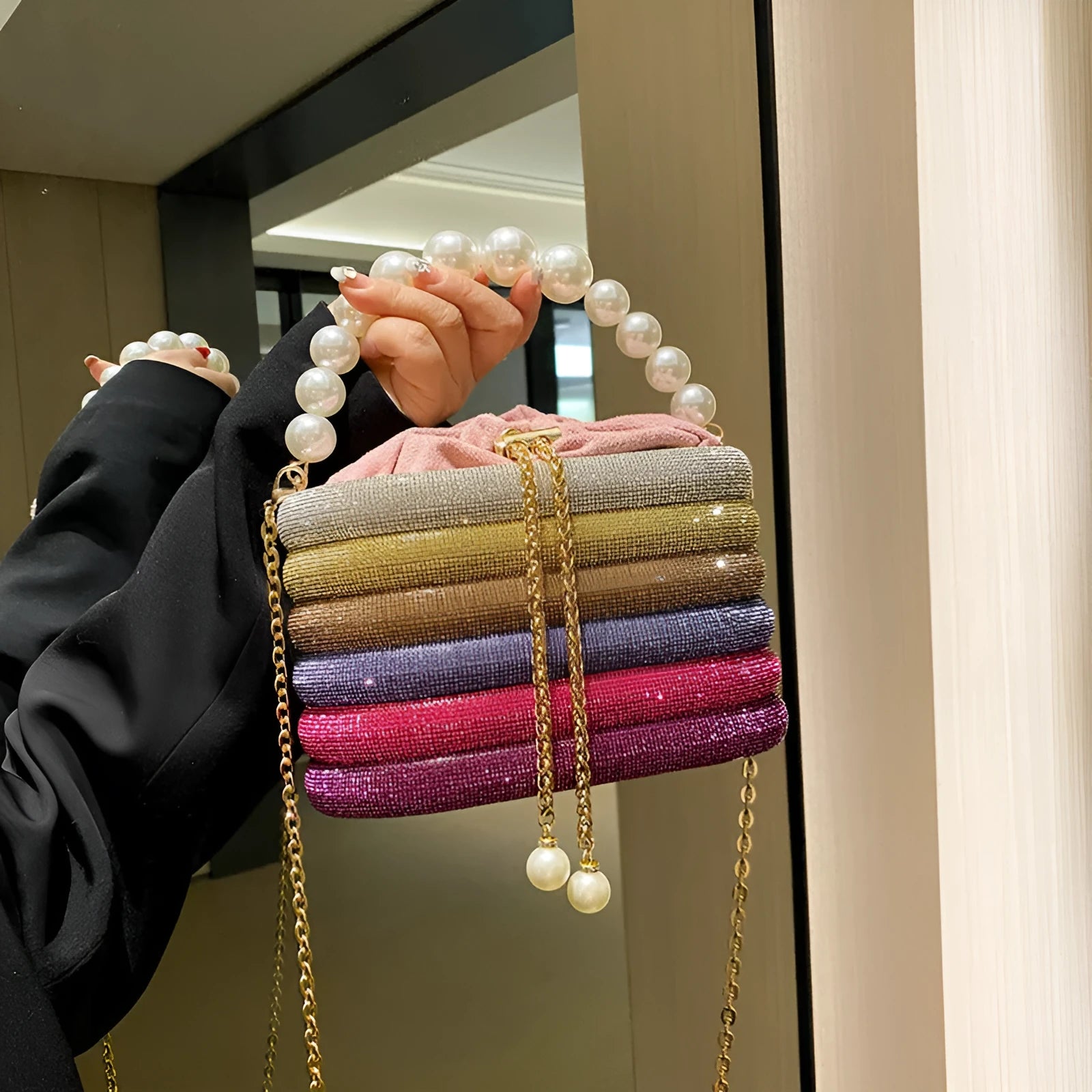 Round soft PU crossbody bag for women with beaded detail and a single strap, shown in a selection of colours.