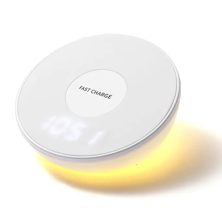 White wireless charger with digital clock display, alarm buttons and night light function