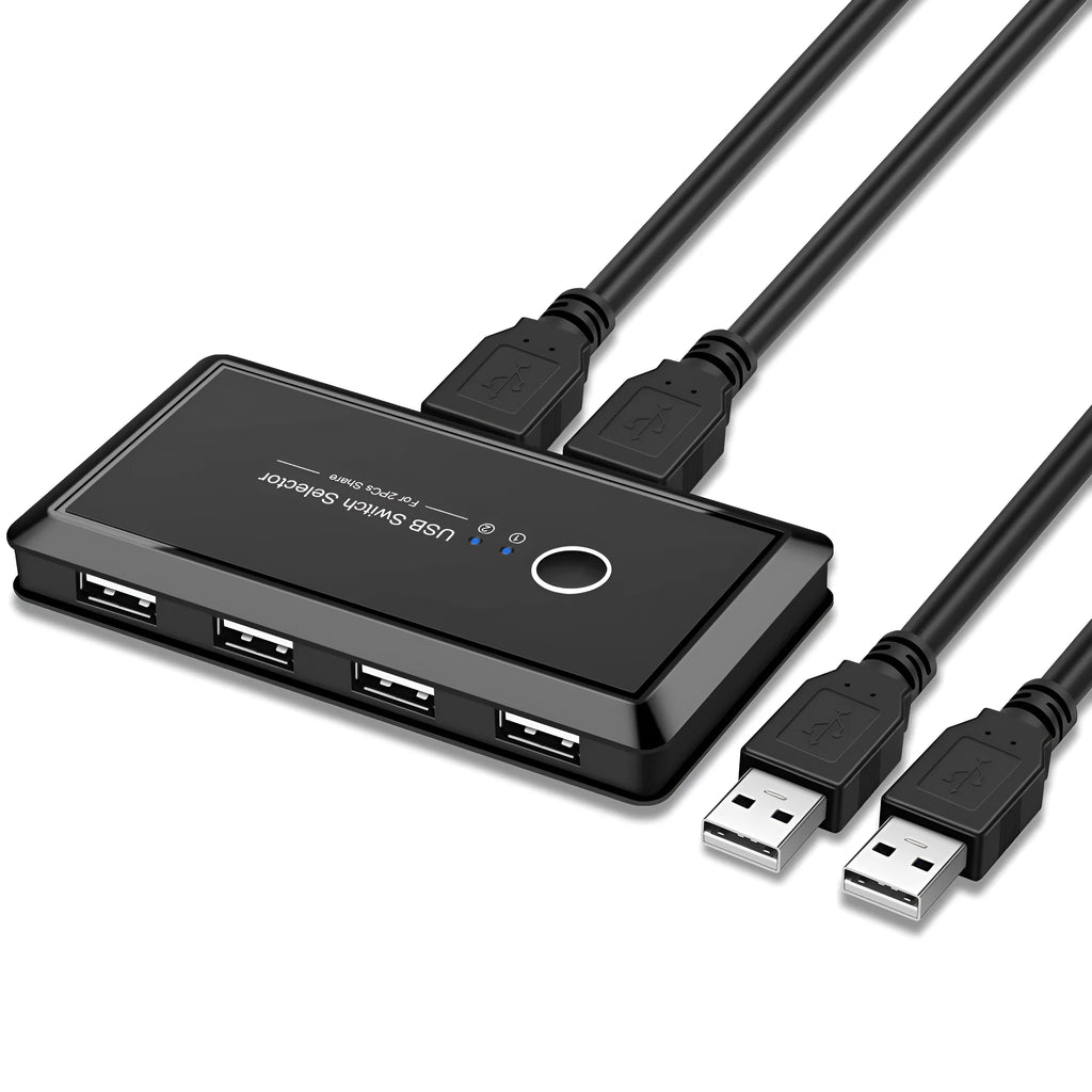 Black USB 3.0 two-in four-out splitter with blue indicator light and button switch