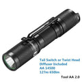 Black Lumintop Tool AA 2.0 aluminium keychain flashlight with magnetic tail cap on a keyring.