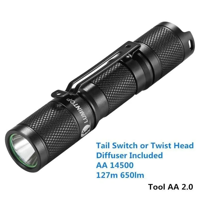 Black Lumintop Tool AA 2.0 aluminium keychain flashlight with magnetic tail cap on a keyring.