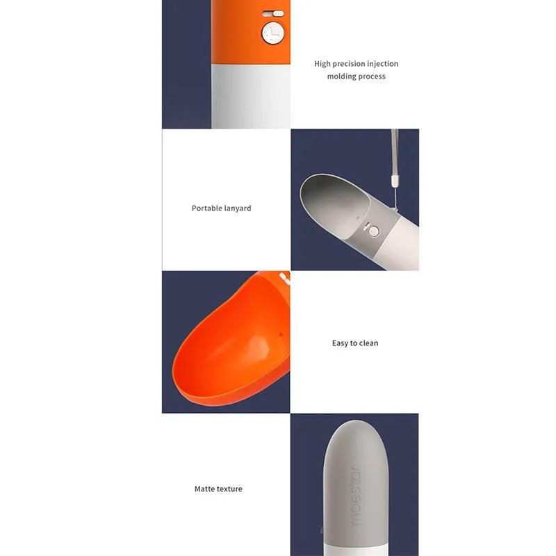 Moestar rocket-shaped pet drinking cup in white with grey accents showing water outlet and lock button