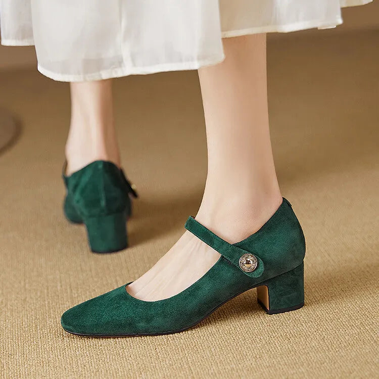 Black and dark green suede women's Mary Jane pumps with a chunky heel and square toe.