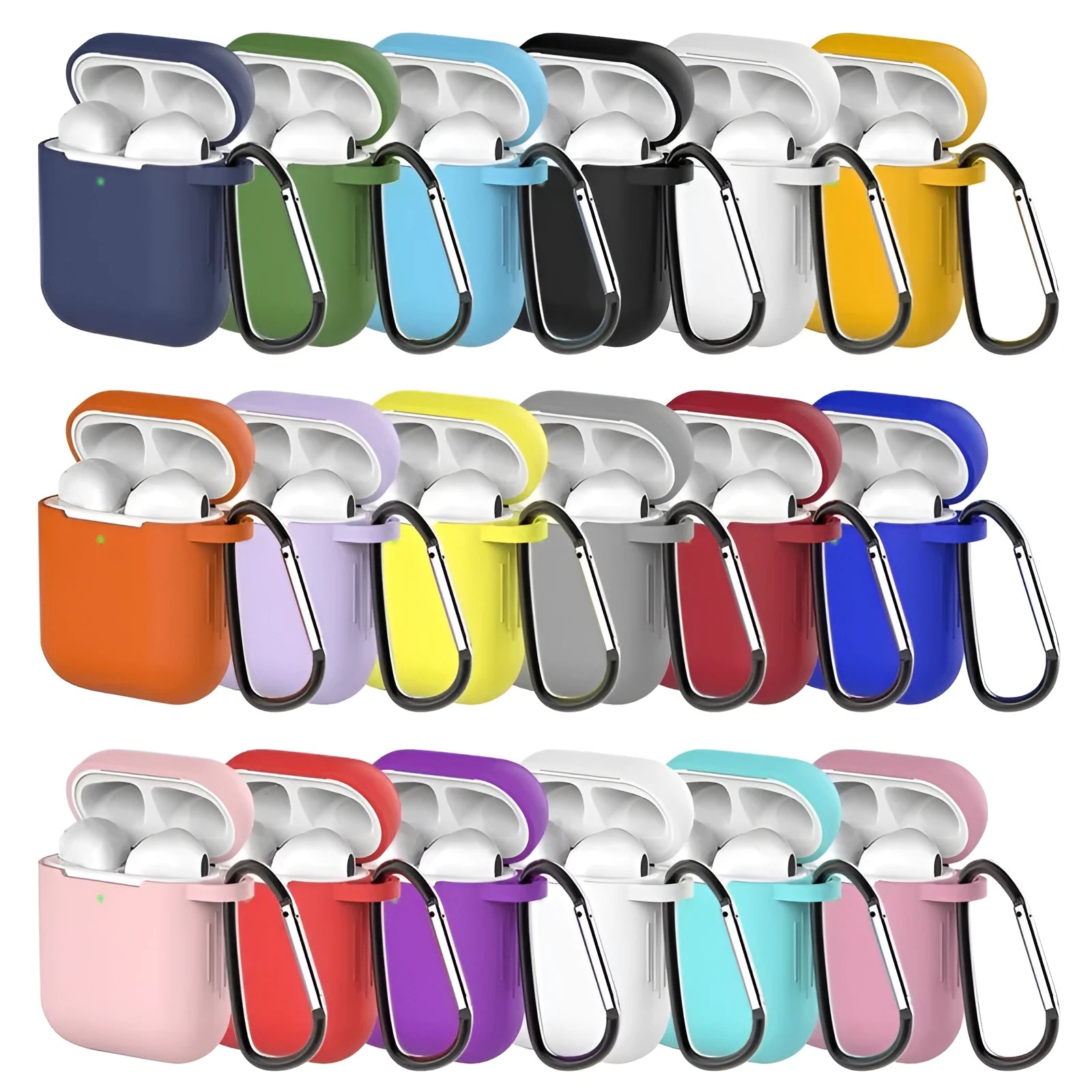 Apple AirPods silicone protective case in multiple colours showing clamshell design
