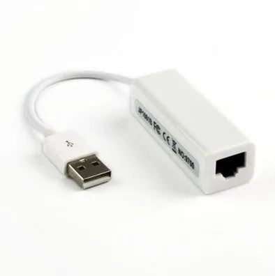 White USB to RJ45 Ethernet network adapter with micro USB connector and LED indicator
