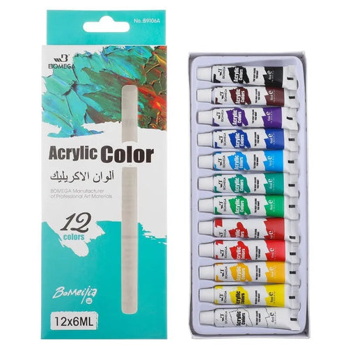 Set of twelve artist pigment tubes in a strip with a white paper mixing palette.