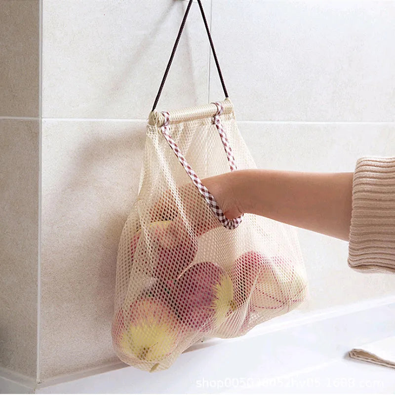 Beige plaid polyester mesh kitchen storage bag 26x29cm on wall hook