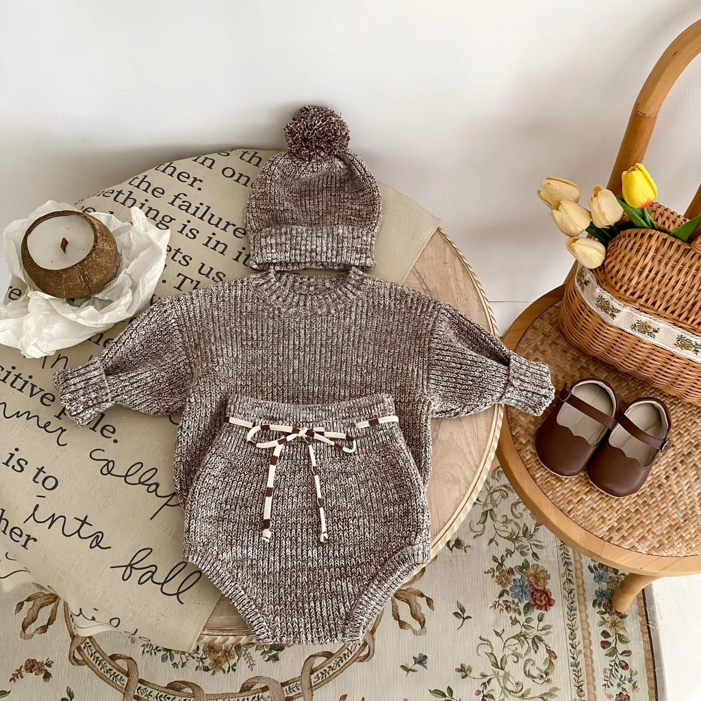 Infant baby girl cotton pullover 3-piece set in dark brown with fur ball hat and removable hood
