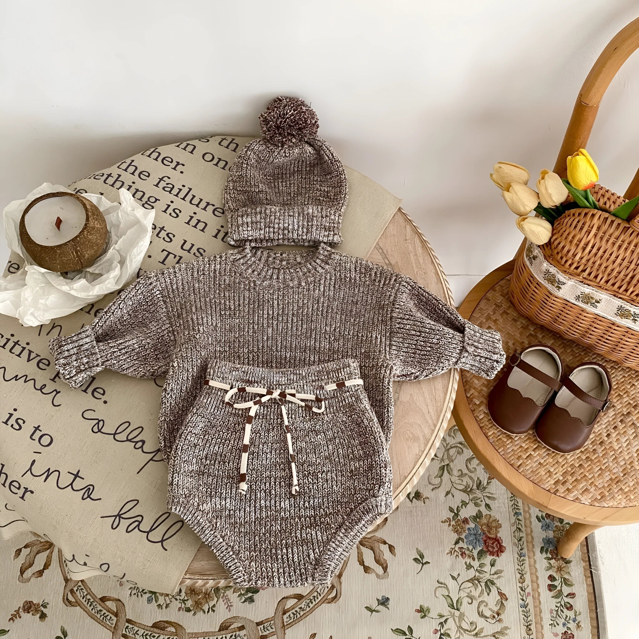Infant baby girl cotton pullover 3-piece set in dark brown with fur ball hat and removable hood