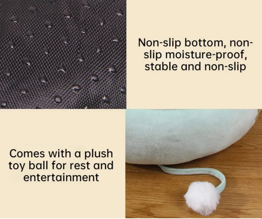 Green dinosaur-shaped cat bed shown both flat as a sofa and hung as a hammock for small pets.