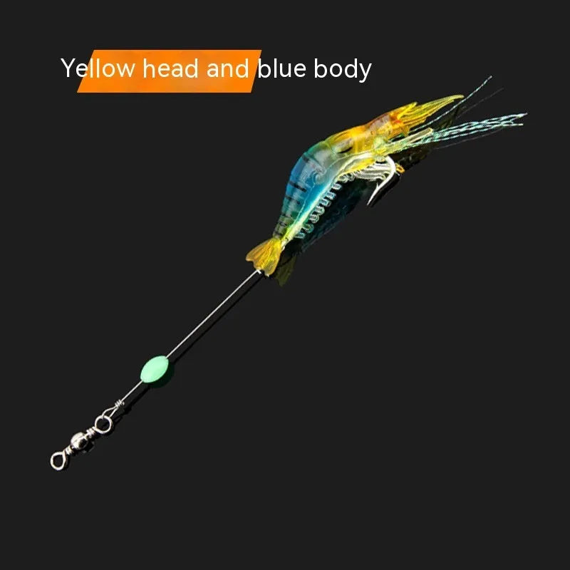 Six soft plastic fishing lures with hooks in various colours including black head yellow body and luminous pink.