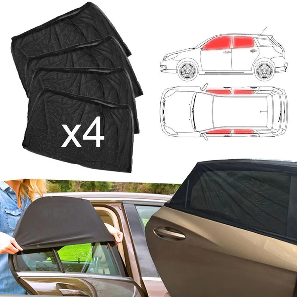Set of 4 black mesh car window sunshade covers 50x40cm on car window showing breathable fabric UV protection