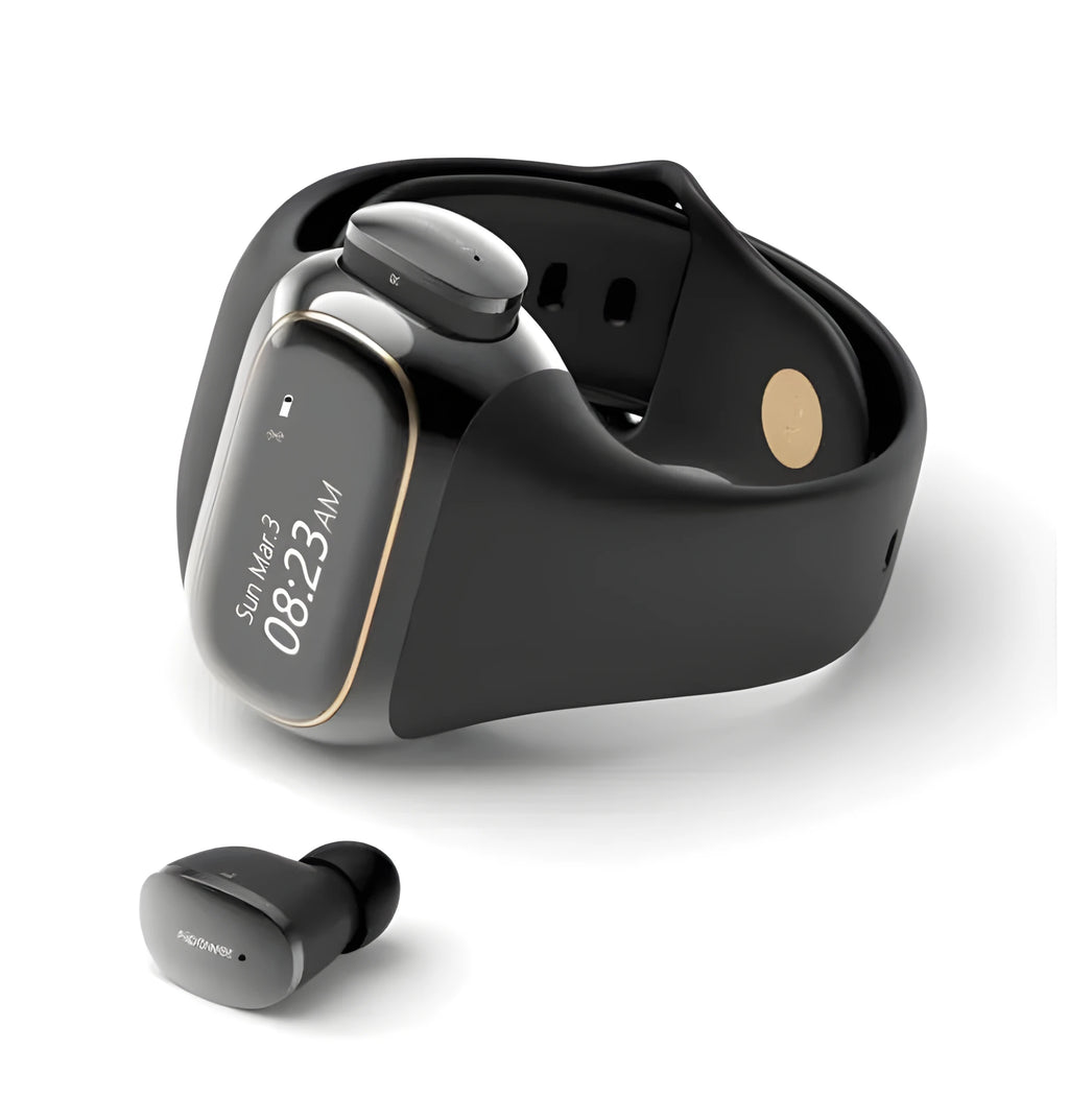 2 in 1 wireless earphone bracelet in black, silicone wristband with smart charging and fitness tracking
