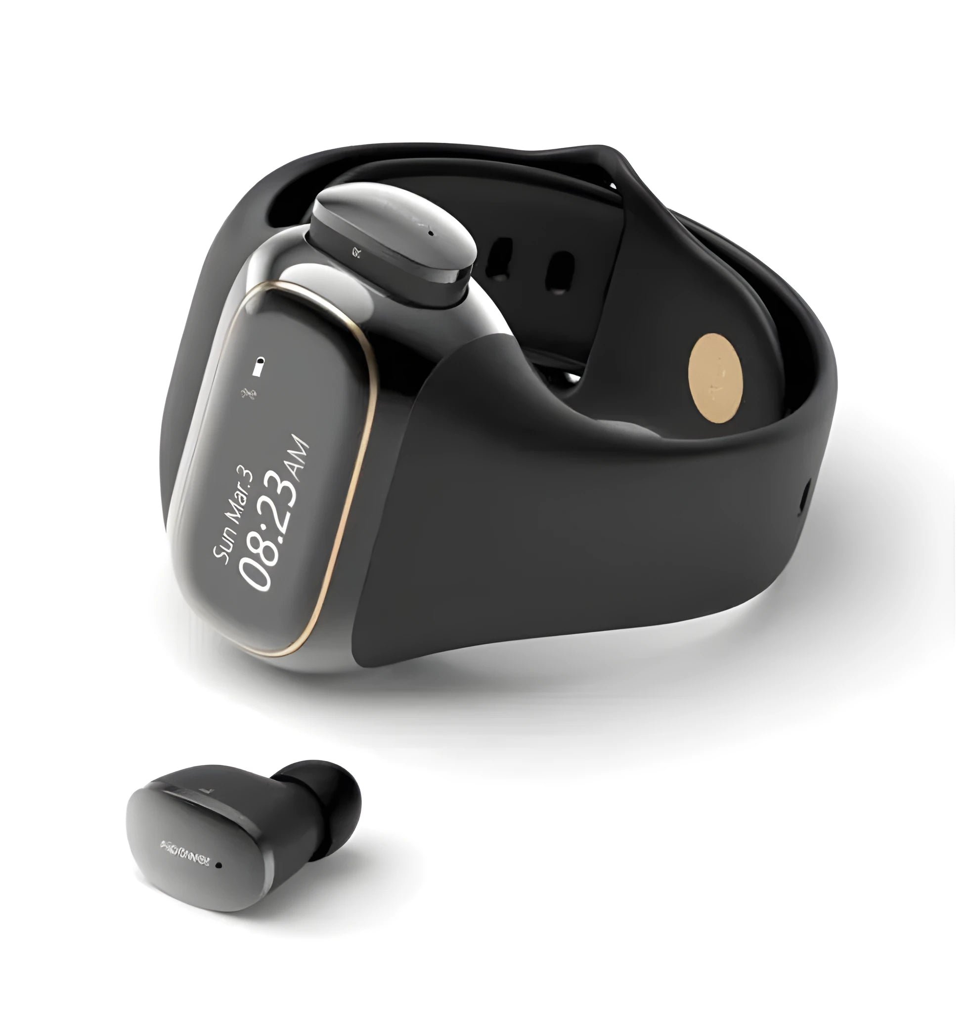 2 in 1 wireless earphone bracelet in black, silicone wristband with smart charging and fitness tracking