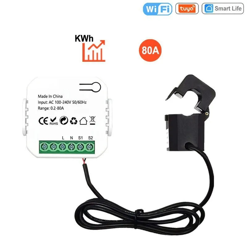 Graffiti WiFi smart meter with current transformer clamp for real-time energy monitoring in home electrical panel