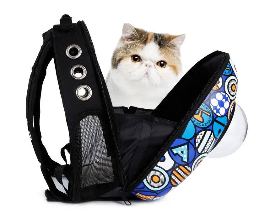 Space capsule pet carrier bag with transparent PC front and Oxford fabric body in blue or patterned finish
