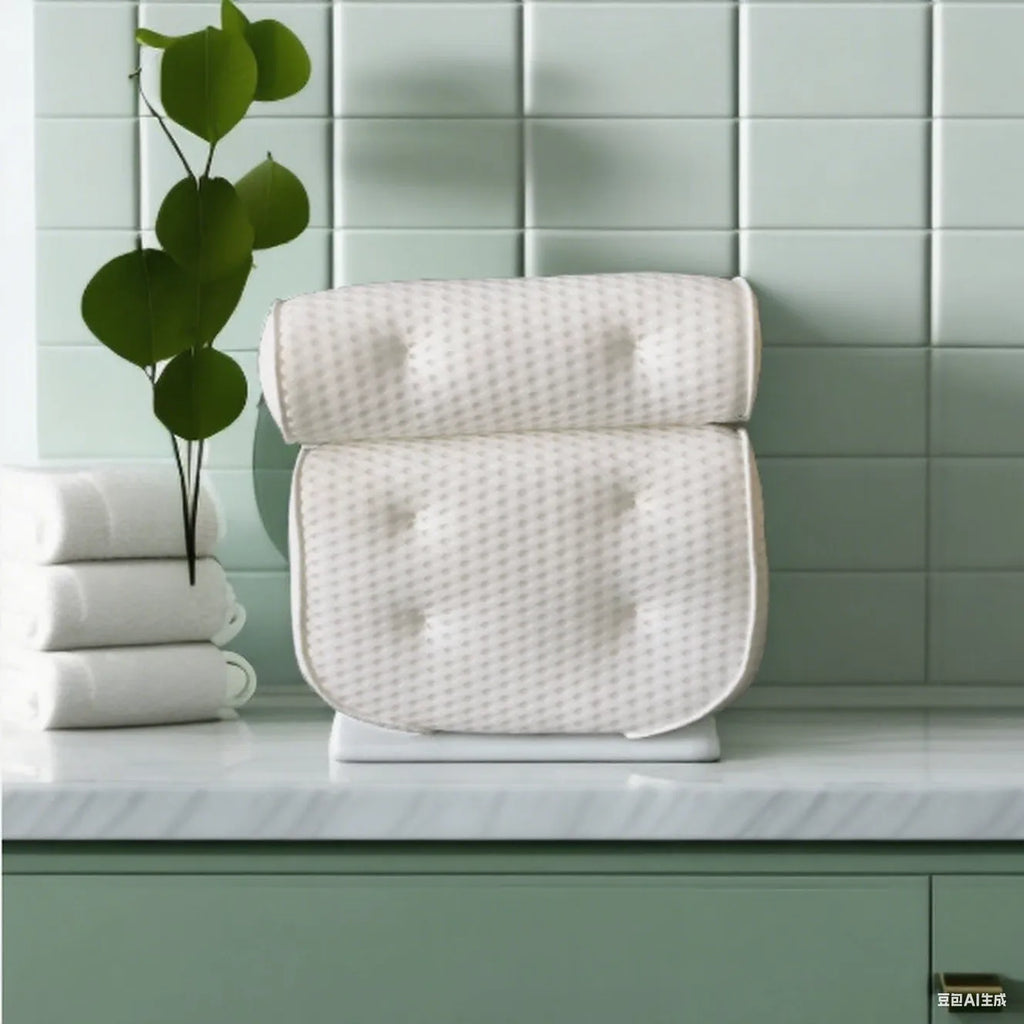 White bathtub pillow with 4D mesh fabric and seven suction cups on a bathtub.