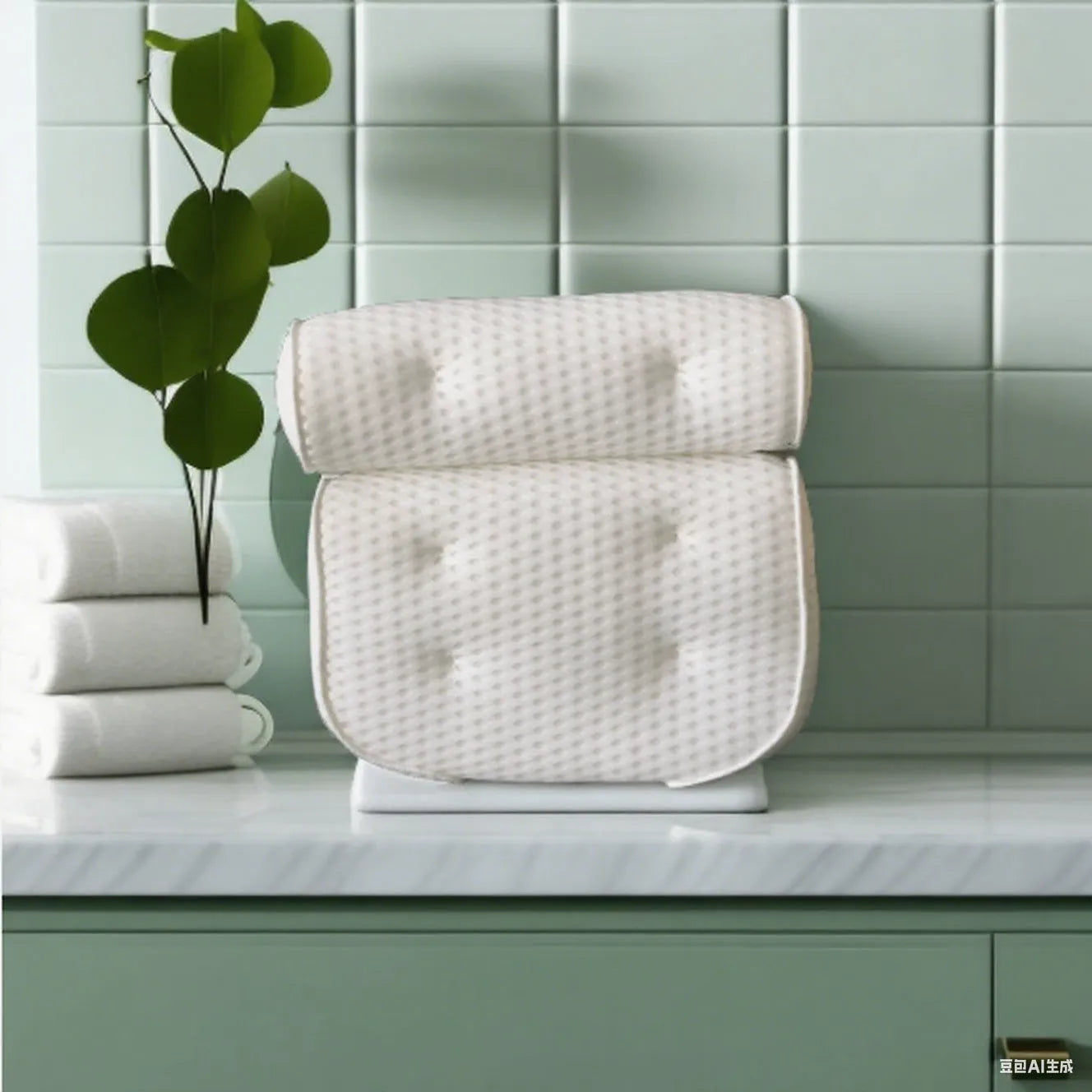 White bathtub pillow with 4D mesh fabric and seven suction cups on a bathtub.