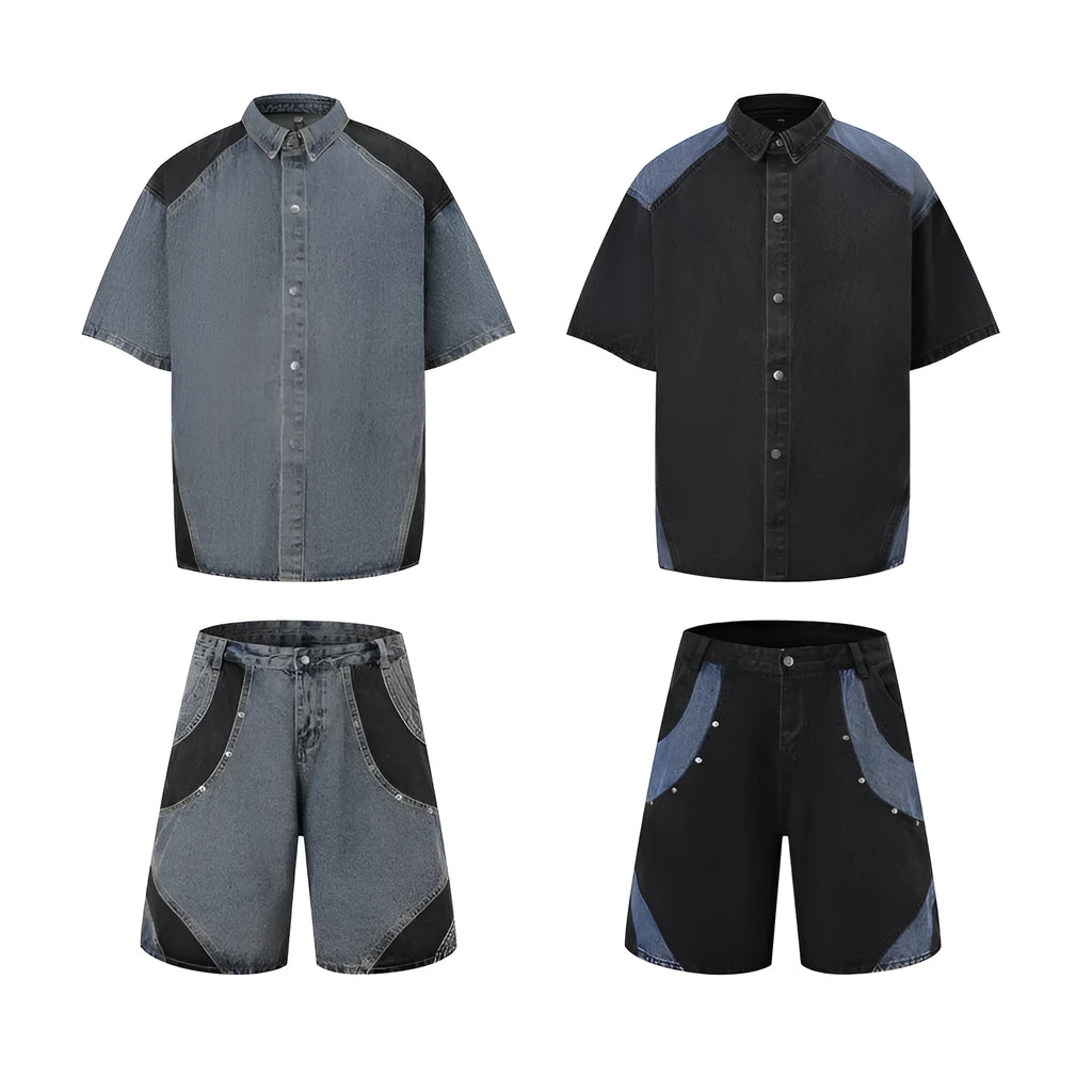 Retro washed denim short-sleeved jacket and full-length trousers co-ord set in blue.