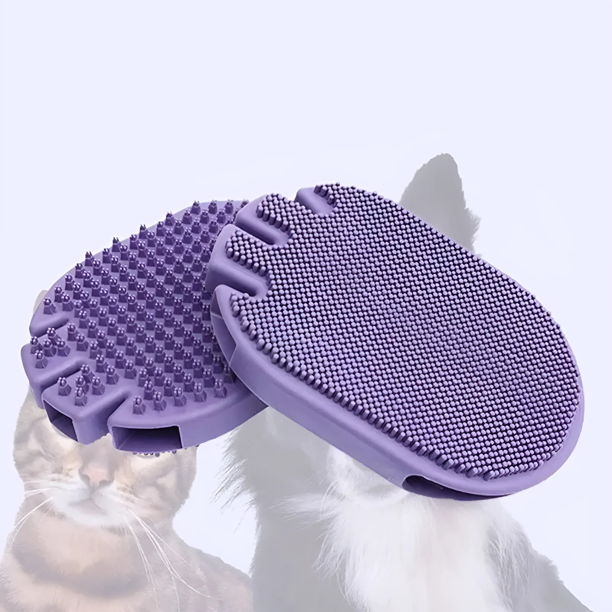 Purple TPR pet shampoo brush with ergonomic handle and soft bristles for dog and cat grooming