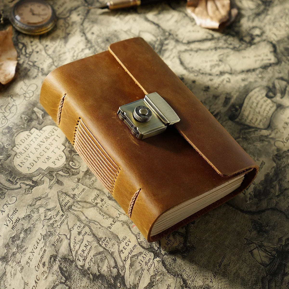 Vintage cowhide leather notebook journal with blank brown paper and retro password book cover in Carved brown or Crazy Horse brown, A5 A6 A7