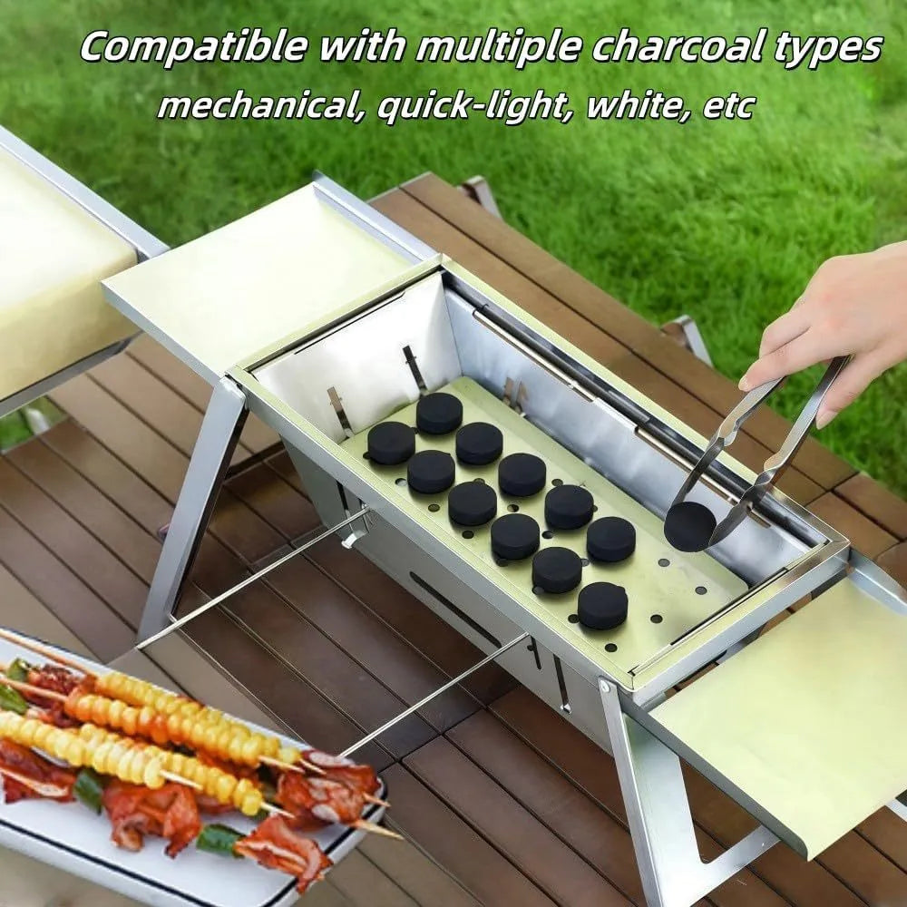 Flat-folded portable charcoal barbecue grill next to its unfolded cooking position