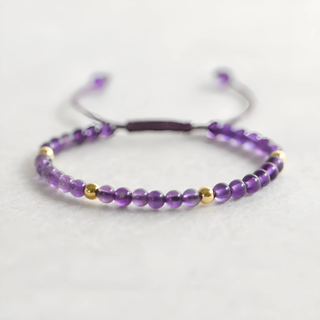 Handmade 4mm natural amethyst 14K gold bracelet with geometric design