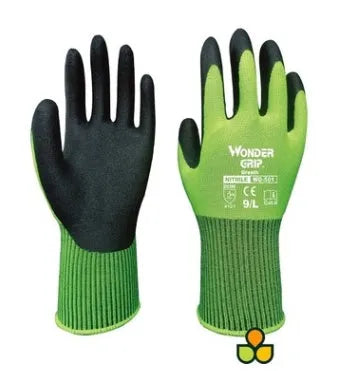 Green nitrile dipped breathable ultra-thin wear-resistant gloves WG501 on grey background