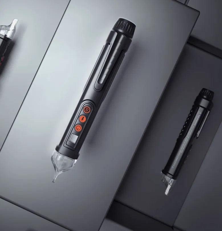 Black intelligent voltage detection pen with sensor tip for live and neutral wire testing.
