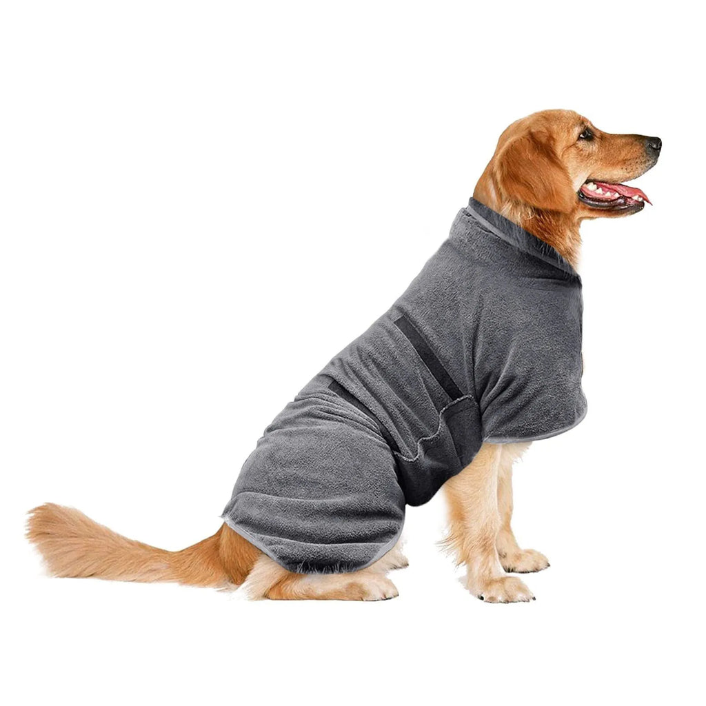 Grey nylon dog robe drying towel shown on a small dog, with orange edge trim visible.