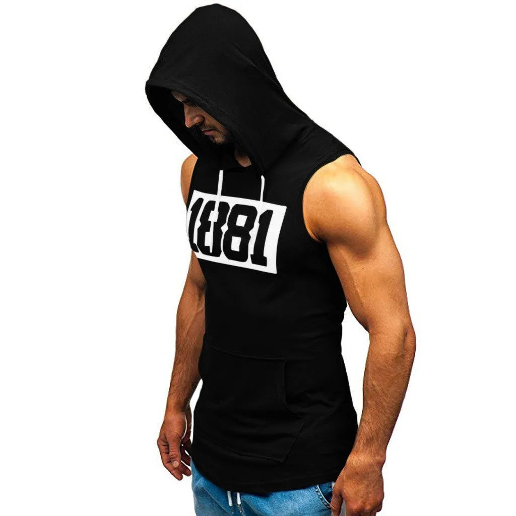Men's sleeveless letter print hoodie vest in white, black or army green, with patch pocket and round hem.