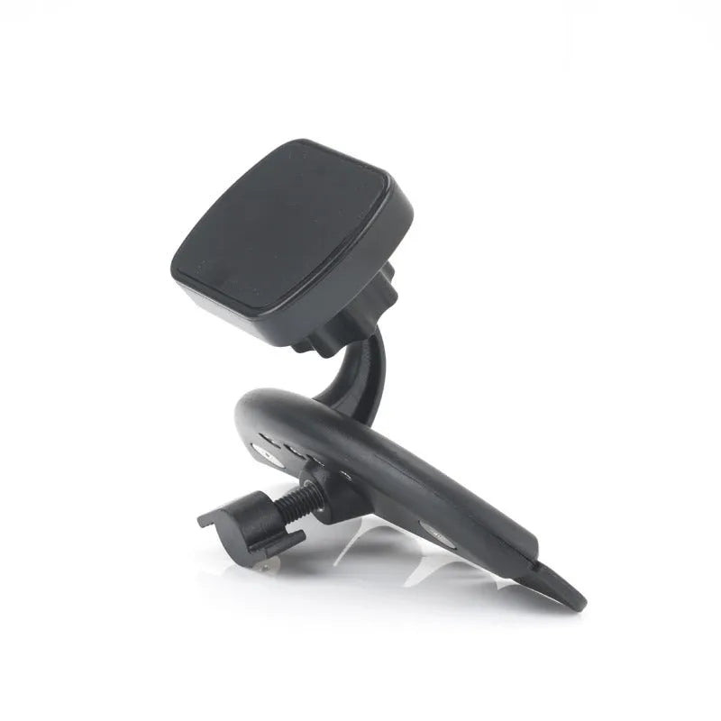 Black universal car phone holder installed in a CD port with adjustable arms for mobile phone or GPS navigation