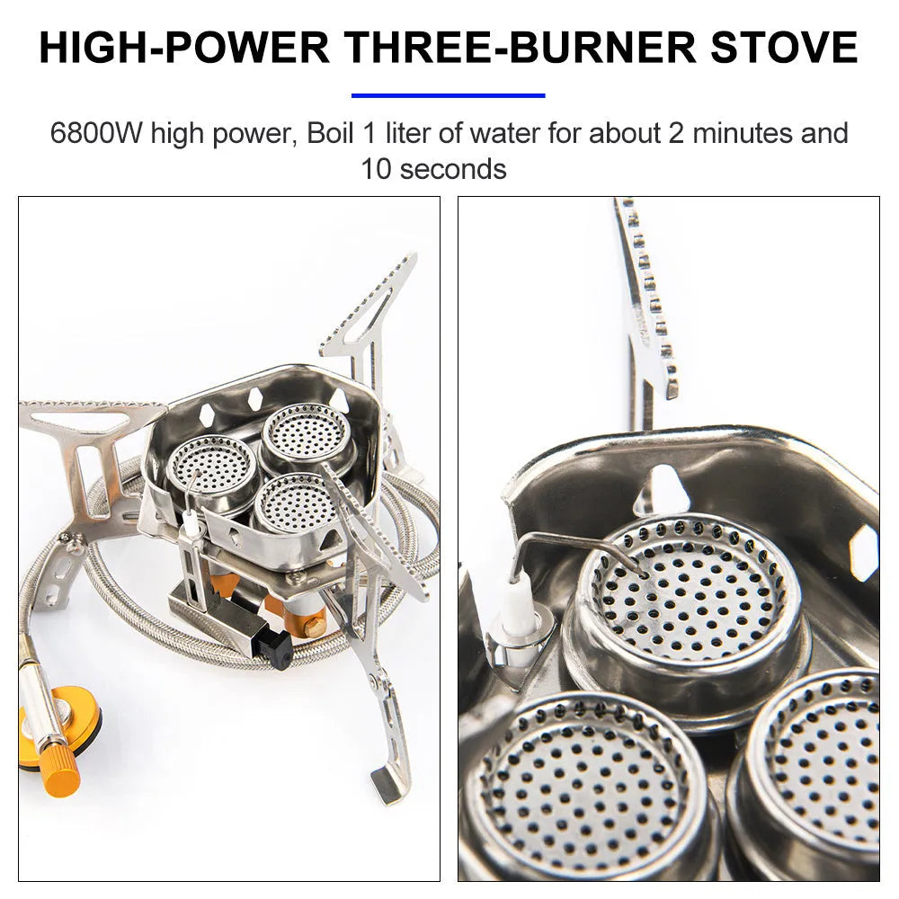 Foldable portable windproof split camping stove with aluminium fire tray and stainless steel frame on outdoor surface