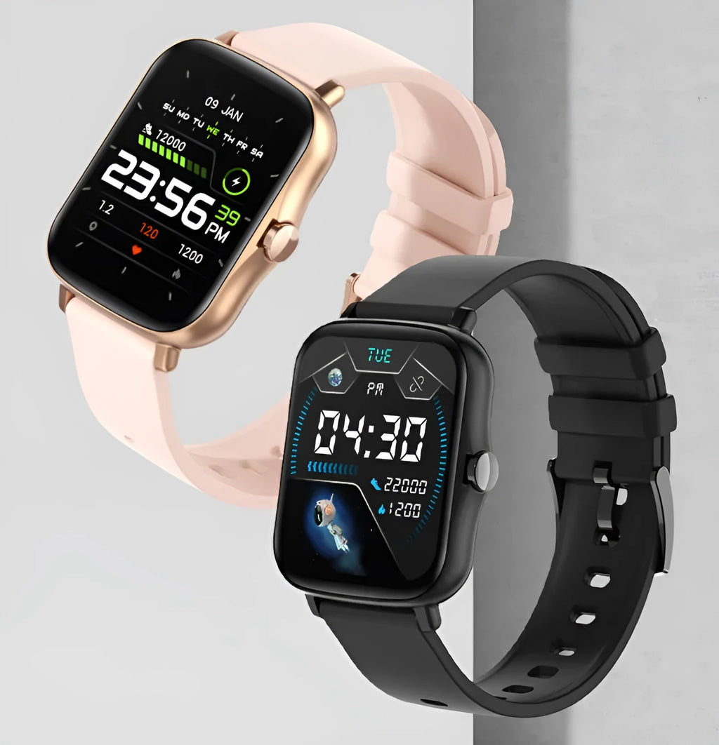 Blue smart sports watch with 1.7-inch touch screen on a wrist, showing a fitness tracking interface.