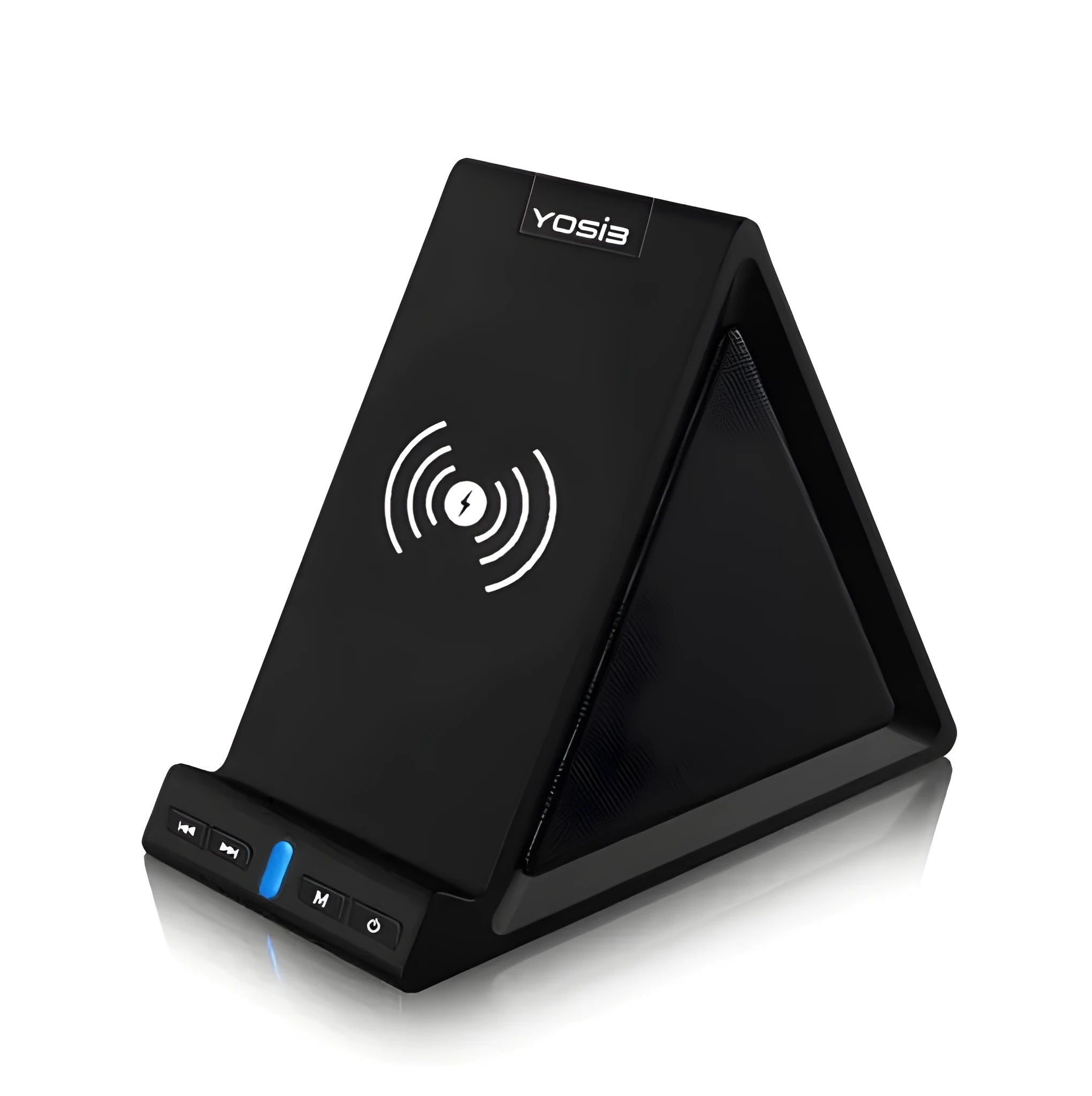 Black multifunctional power bank with integrated Bluetooth speaker and wireless charging phone stand on a desk.