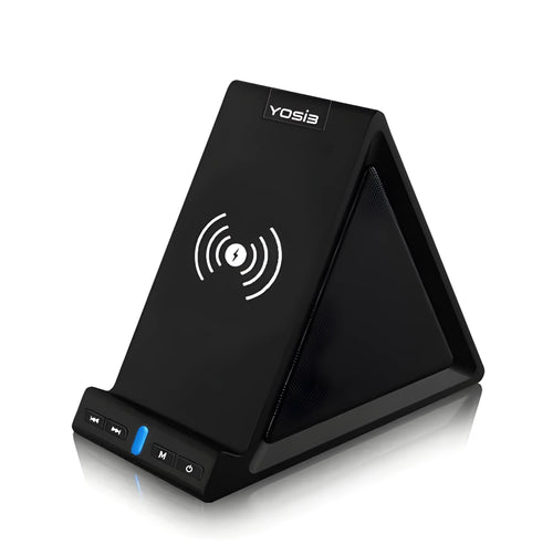 Black multifunctional power bank with integrated Bluetooth speaker and wireless charging phone stand on a desk.